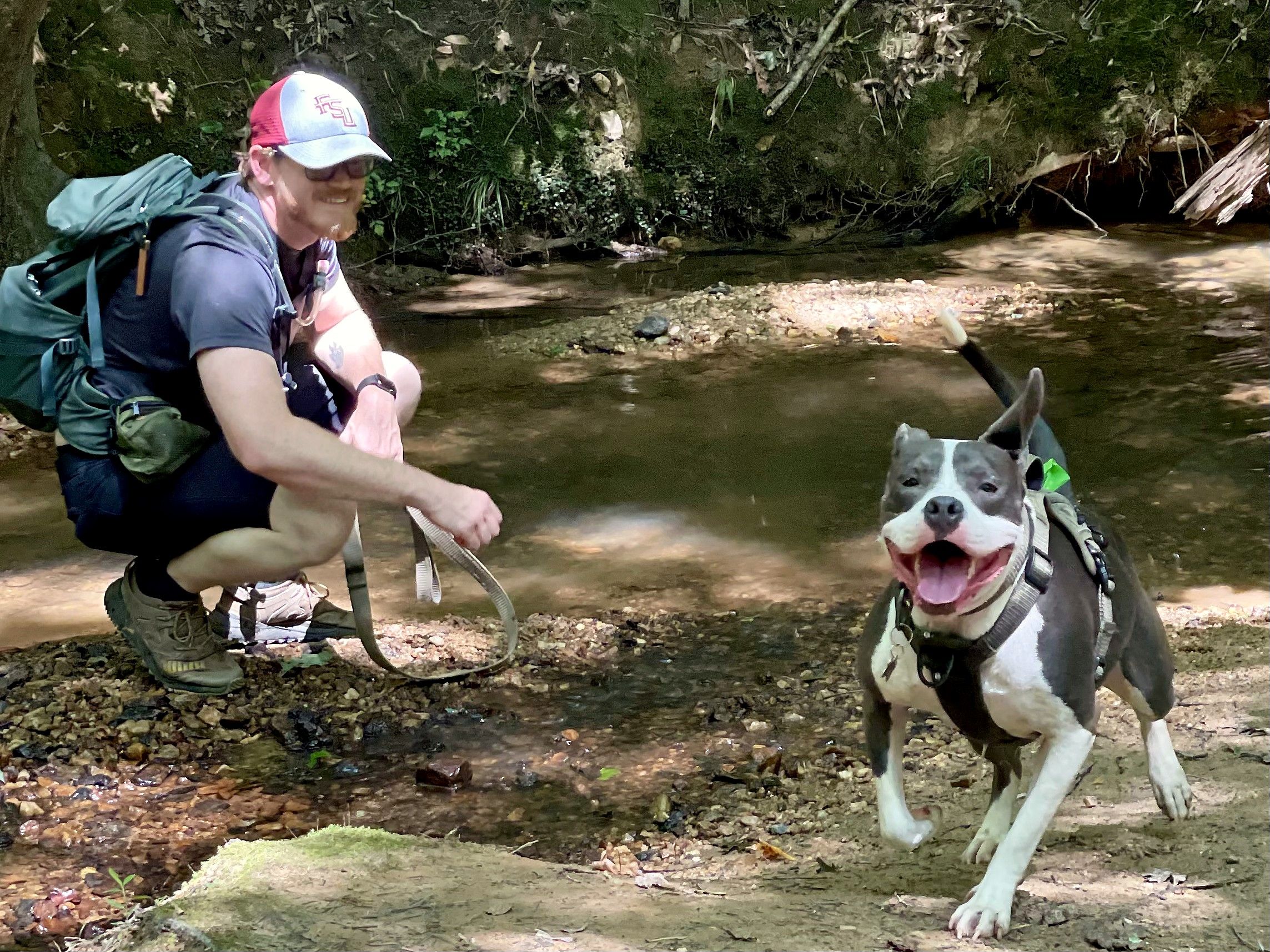 Phillip crouched by a shallow creek holding a leash as Lucky splashes toward the camera
